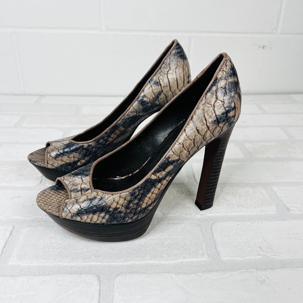 Luxury Rebel Snakeskin Embossed Peep Toe Platform Pumps Tan Black Size 37.5 (7)
